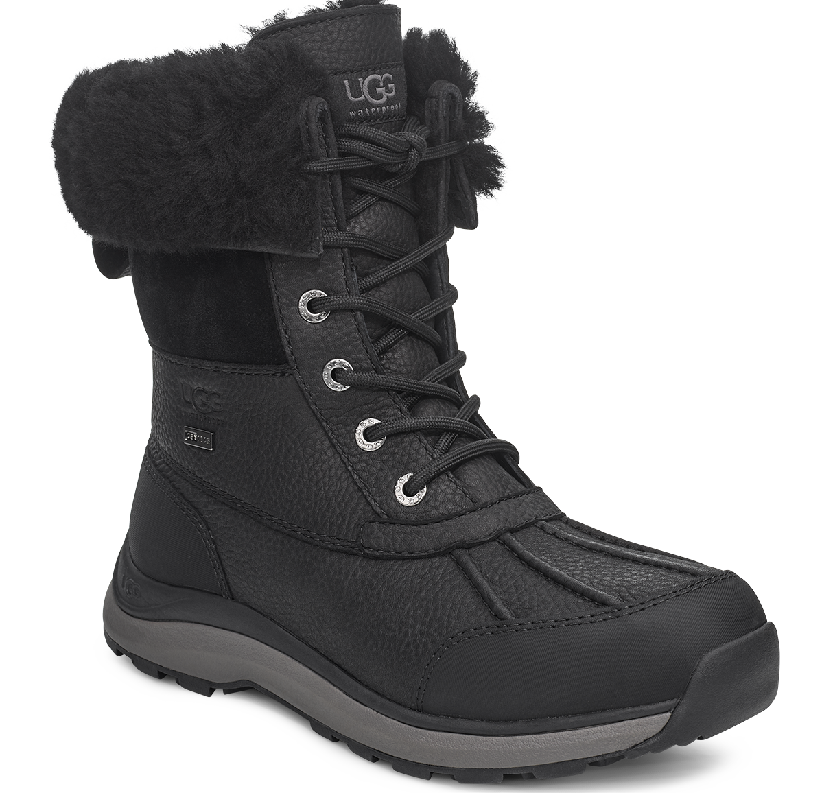 Black waterproof winter boot with lace-up closure, textured leather, faux fur collar, and rubber sole.