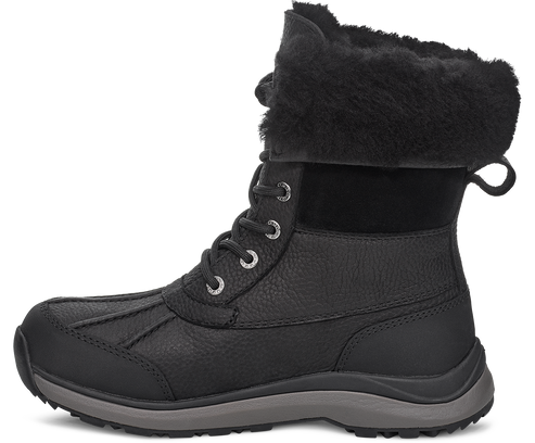 Black leather lace-up boot with fur trim.