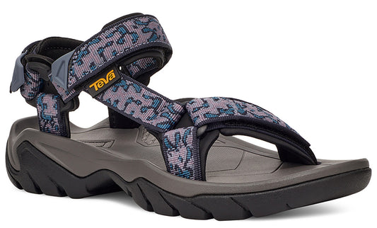 Black and gray sandal with patterned straps and an adjustable ankle strap.