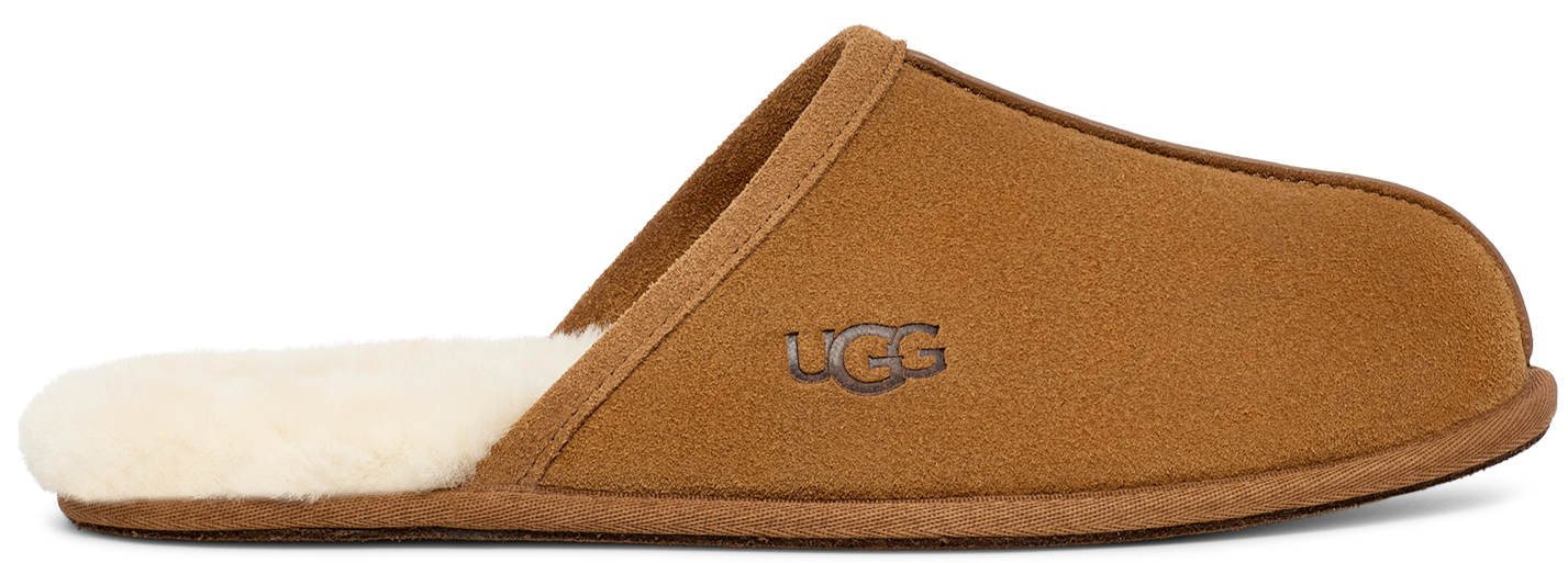 Tan colored slipper with a logo.