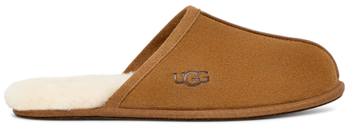 Tan colored slipper with a logo.