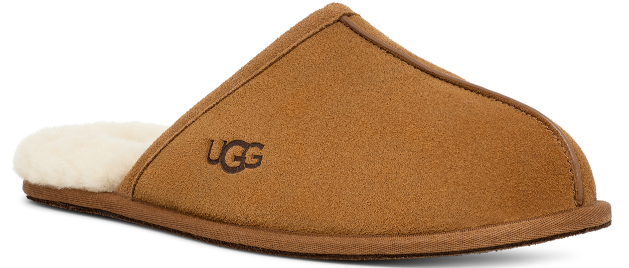 A tan slipper with a white wool lining and the letters UGG on the side.