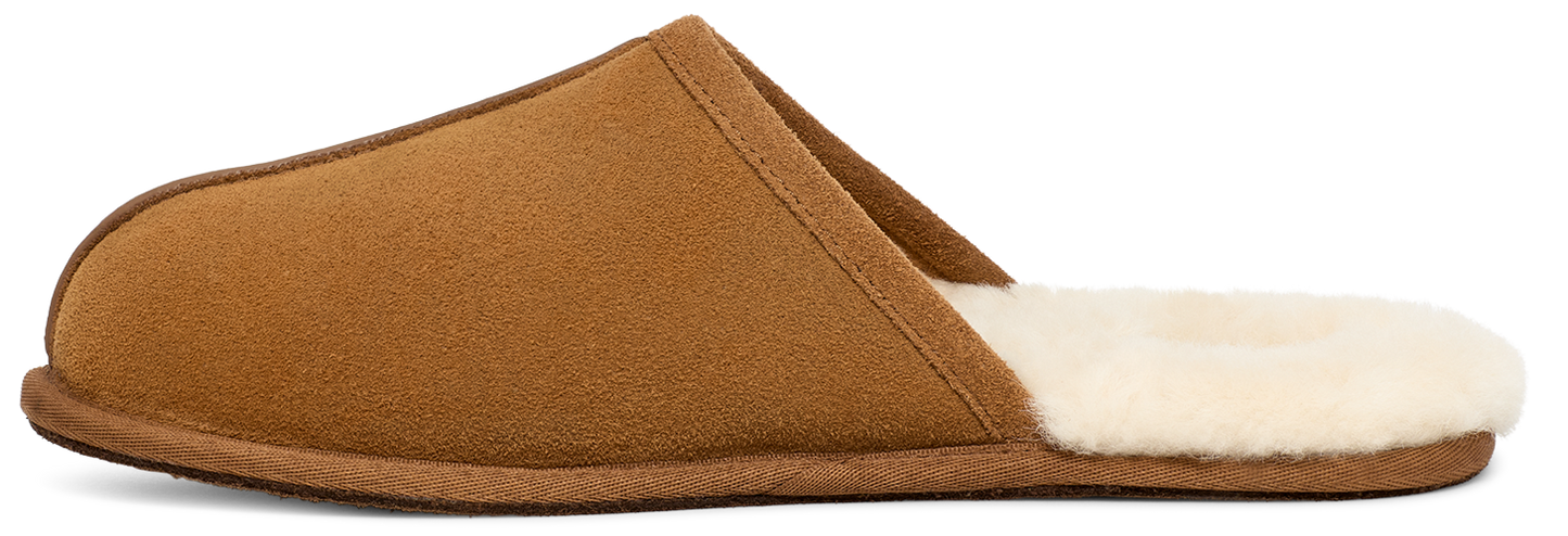 A brown slipper with a white fur lining.