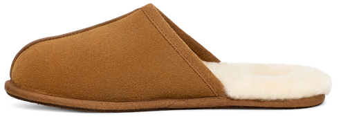 A brown slipper with a white fur lining.
