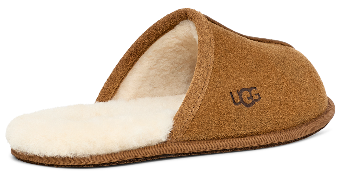 Tan UGG slipper with cream lining.