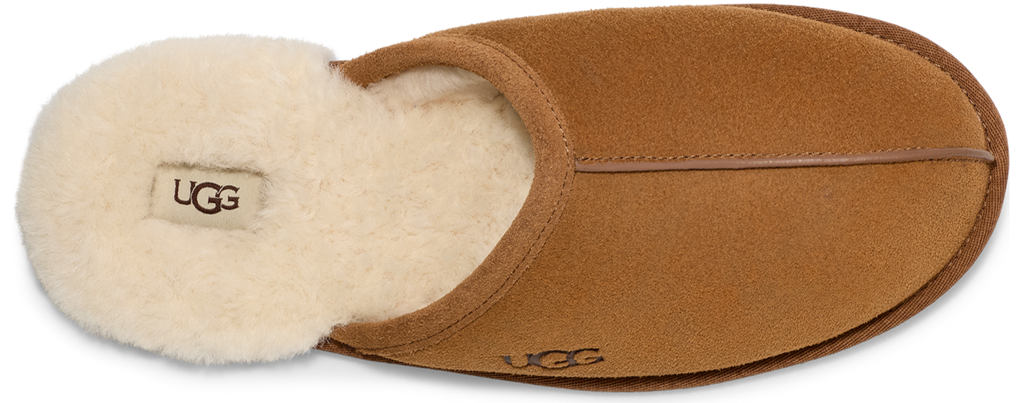 An UGG scuff slipper in brown suede with white sheepskin lining.