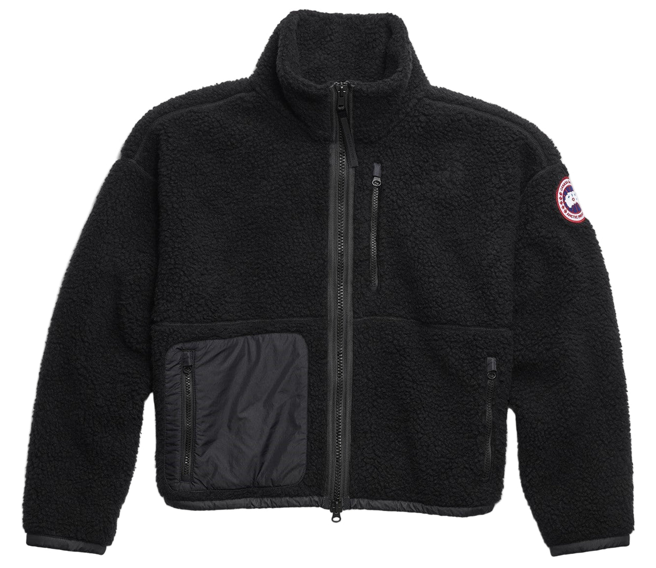 Black fleece jacket with full zip, chest zip pocket, side pocket, and circular patch on the sleeve.