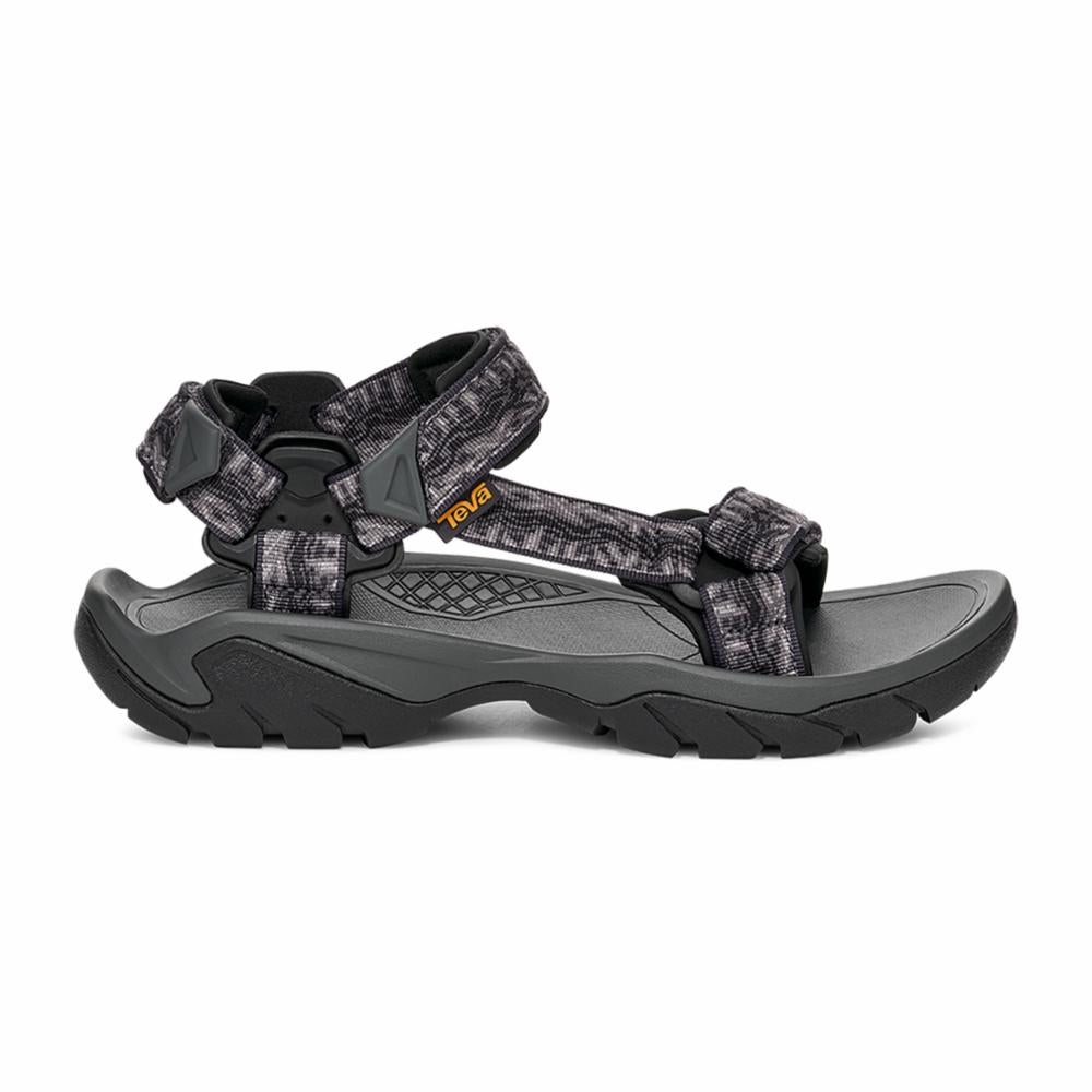 Gray sandal with black and gray patterned straps.