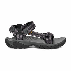 Gray sandal with black and gray patterned straps.