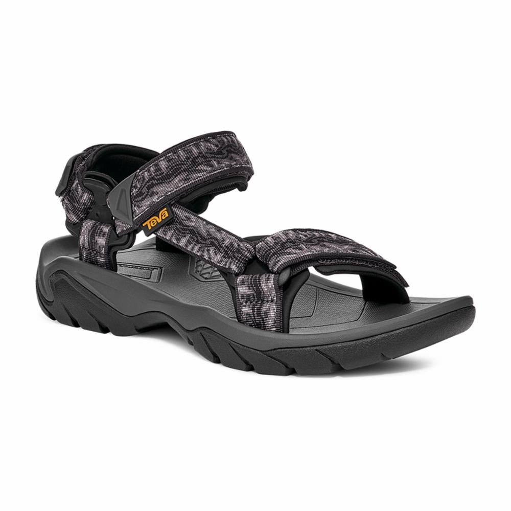 A black and gray sandal with adjustable straps and a black sole, with a small orange label.