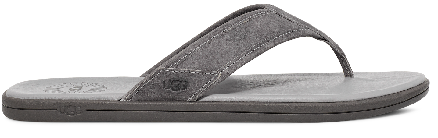 Gray flip-flop sandal with UGG logo on the strap.