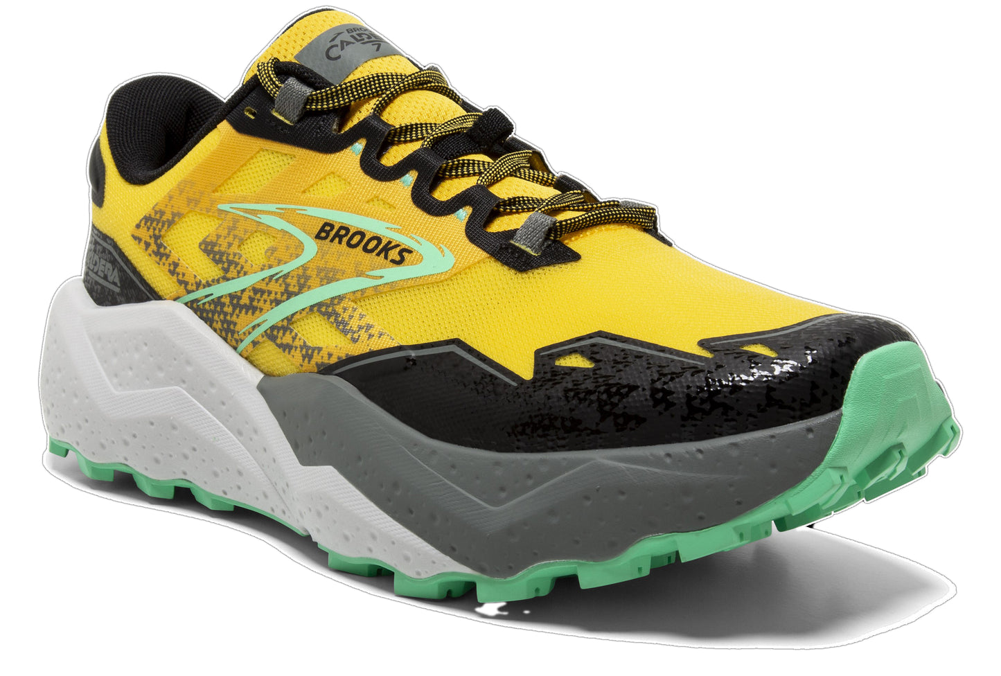Trail running shoe, yellow upper with black accents, mint green logo, speckled laces, layered gray and white midsole, mint green sole.