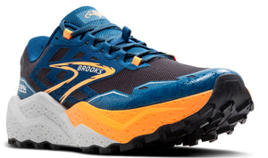 Blue and orange running shoe with white sole and visible brand "BROOKS".