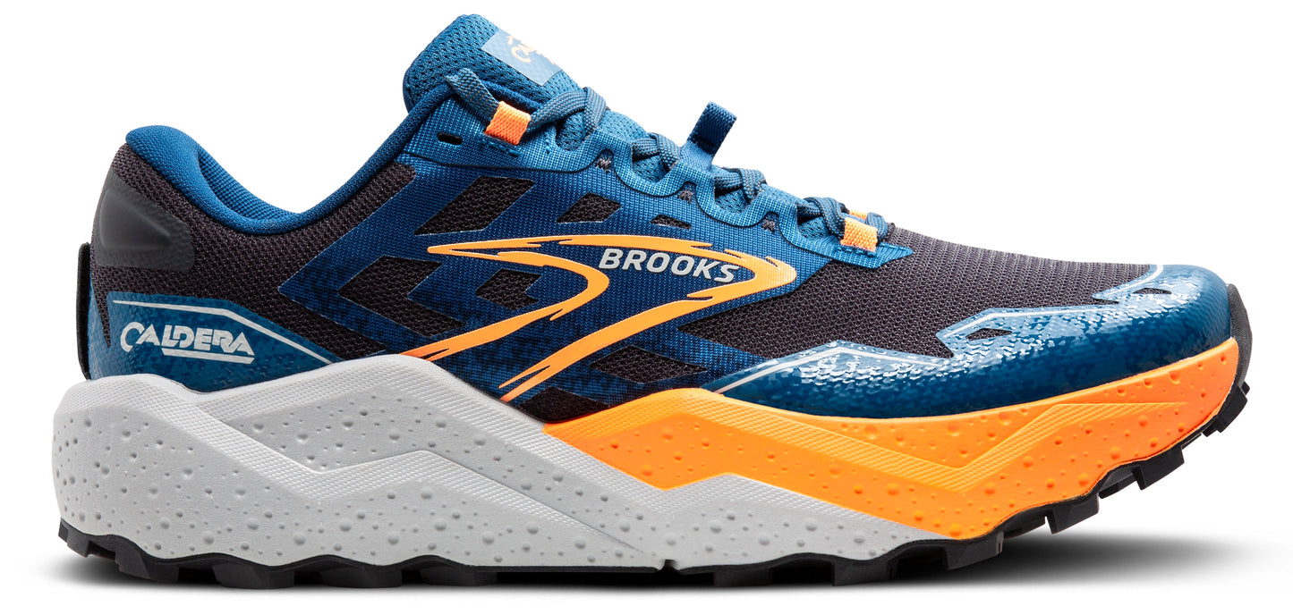 A running shoe featuring a blue and orange color scheme with white accents and the word "BROOKS" visible on the side.
