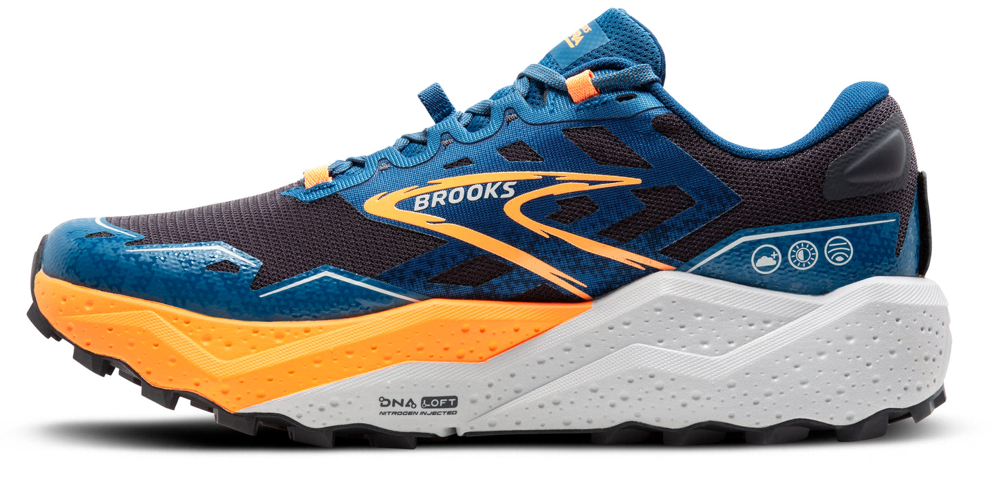 A running shoe with a blue upper and an orange midsole.