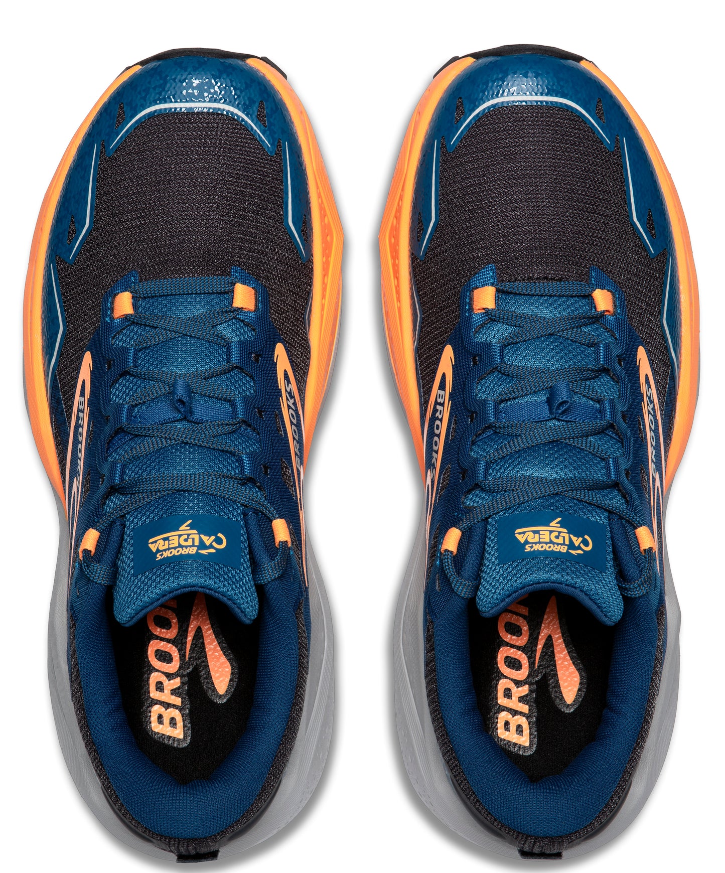 Overhead view of a pair of running shoes with a blue upper, orange trim, blue laces, and black mesh.