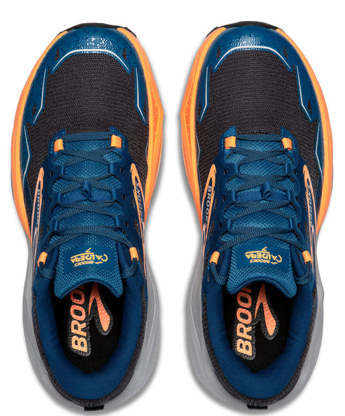 Overhead view of a pair of running shoes with a blue upper, orange trim, blue laces, and black mesh.