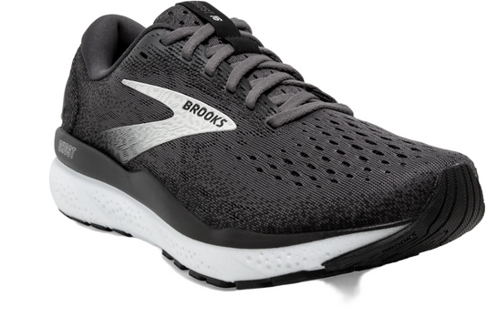 A gray running shoe with a white sole and silver logo.