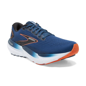 Blue running shoe with orange accents, white sole, and black trim.