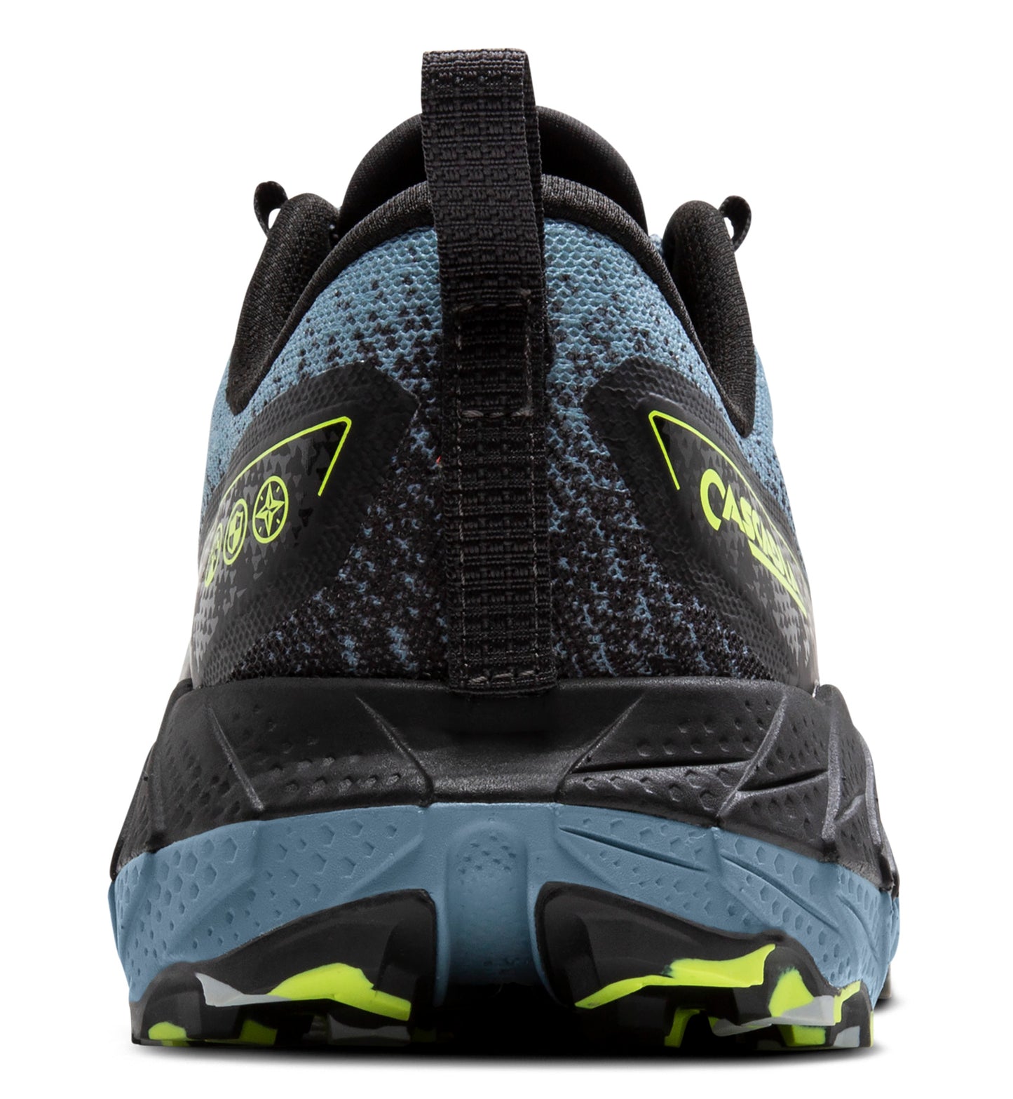 Back view of black and blue running shoe with lime green accents.