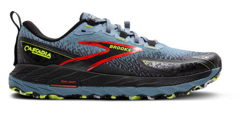 A running shoe in blue with black sole and red logo.
