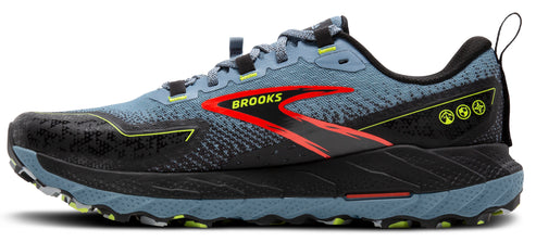 A running shoe with a blue upper, black toe, and a red Brooks logo.