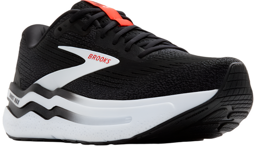 Black running shoe with white logo and sole, and red accents on the tongue.