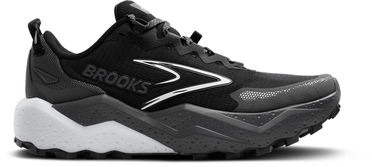 A black trail running shoe with a white logo and midsole.