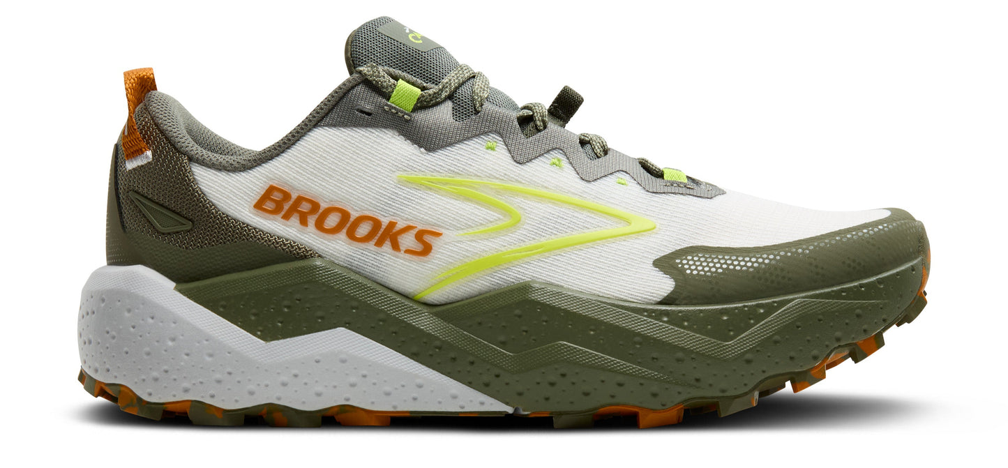 A trail running shoe with a white mesh upper, green and gray accents, and an orange logo.
