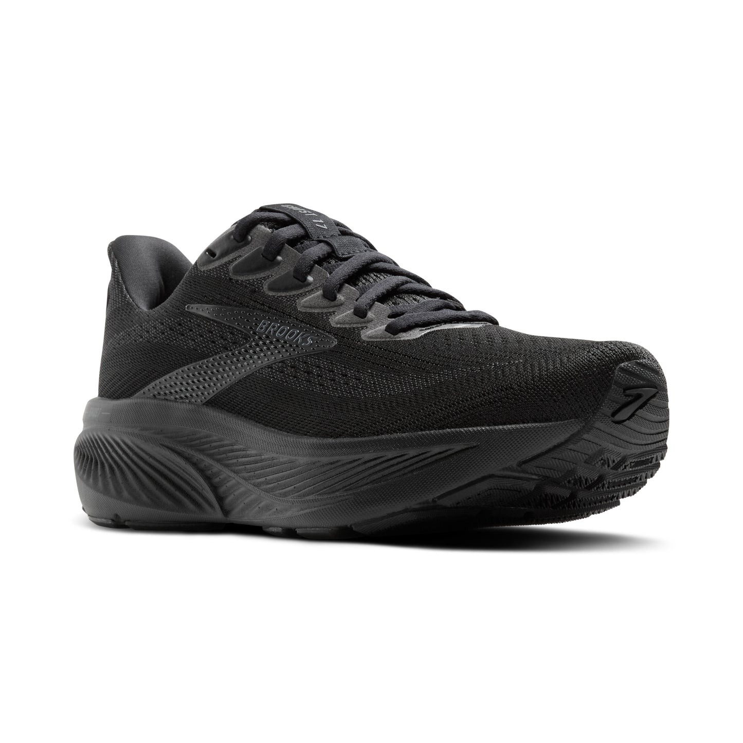 Black running shoe with textured sole and laces.