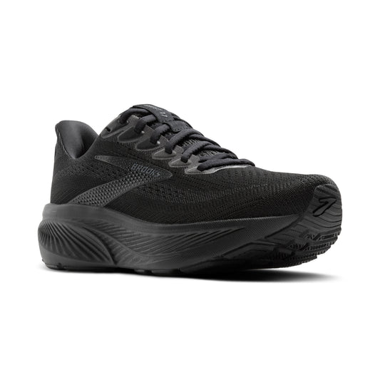 Black running shoe with textured sole and laces.