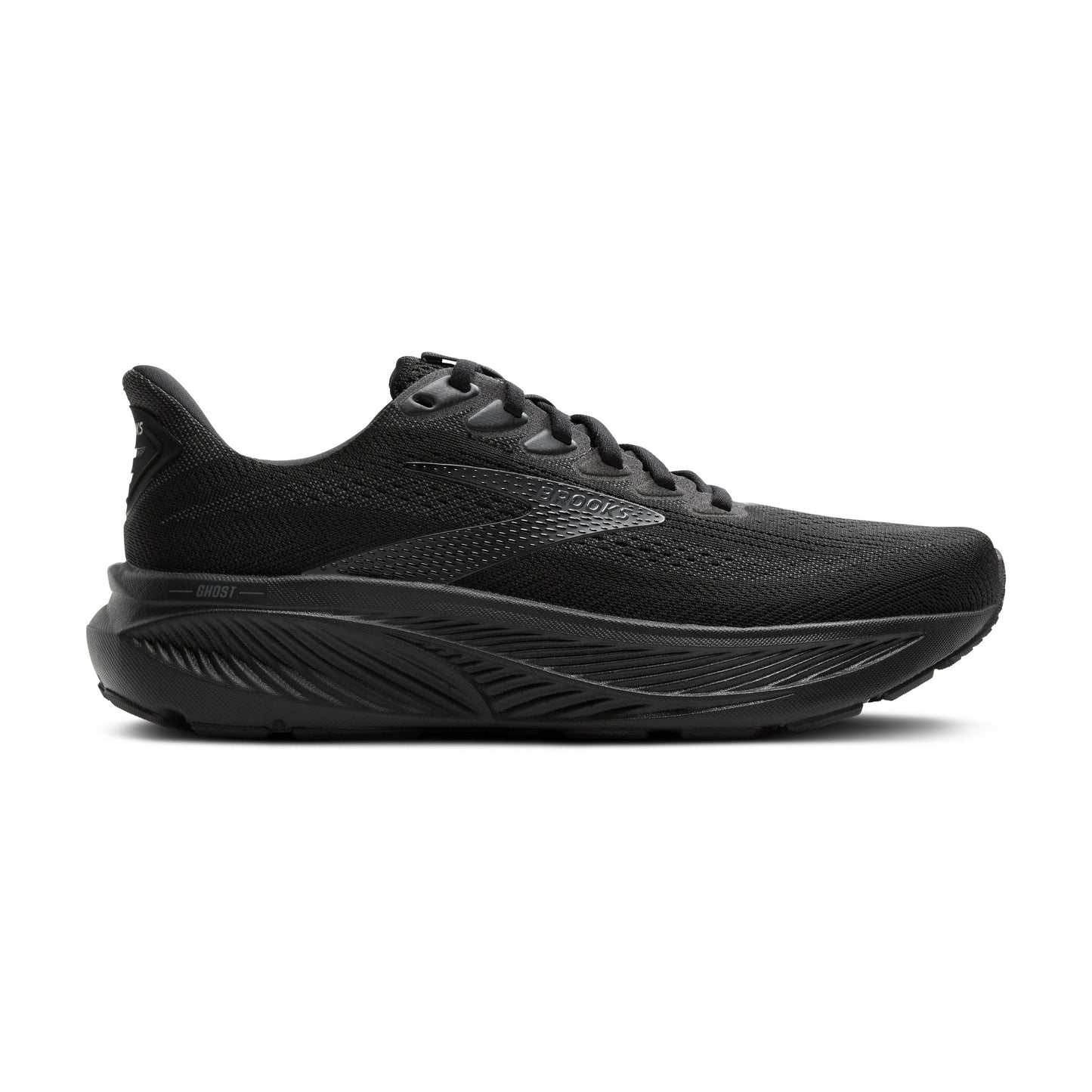 Black running shoe with a thick sole and a mesh upper.