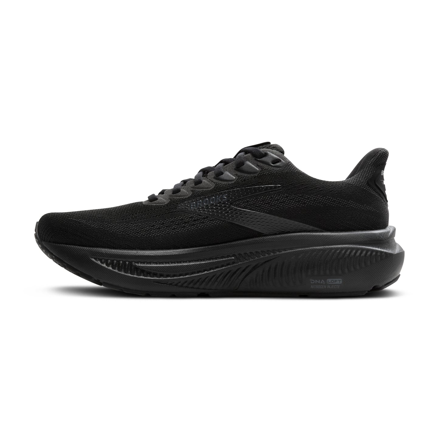 Side view of an all-black running shoe.