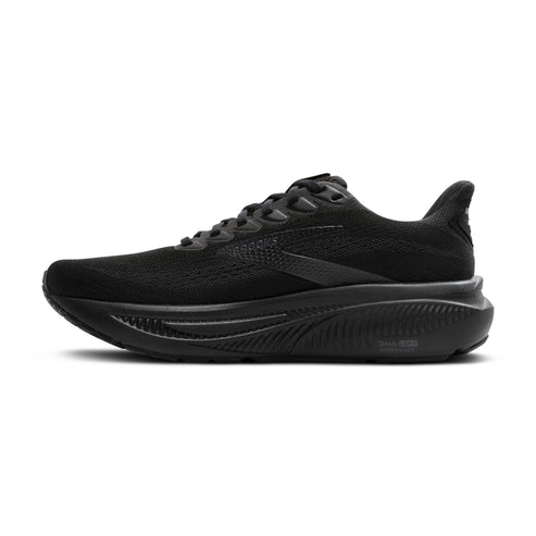 Side view of an all-black running shoe.