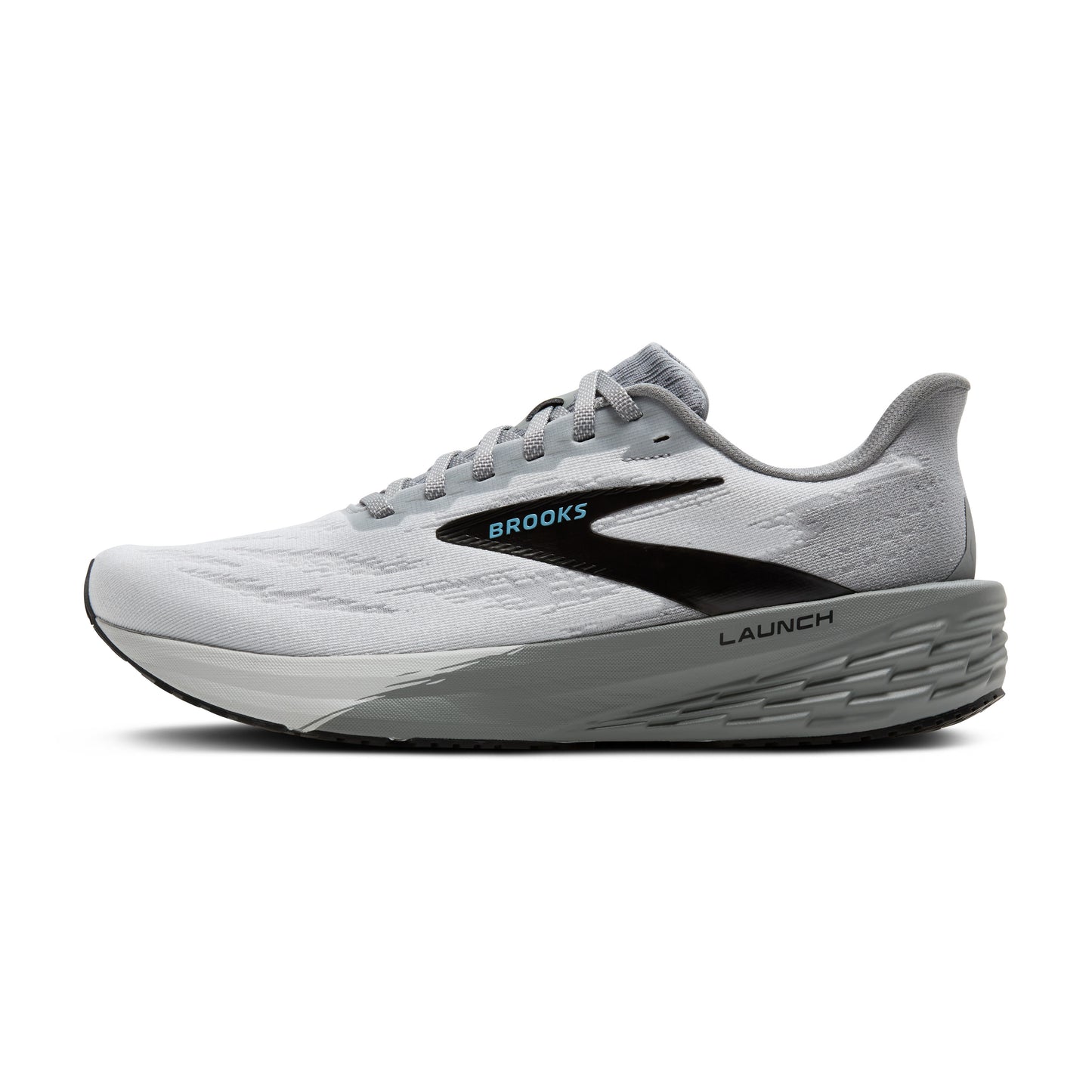 A gray running shoe with black logo, and the word 'BROOKS' in blue above the logo, and the word 'LAUNCH' on the midsole.