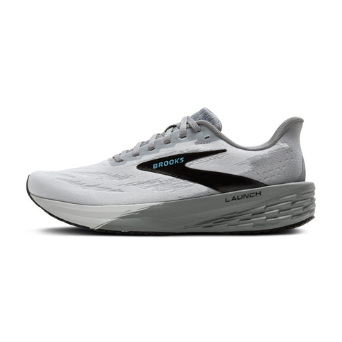 A gray running shoe with black logo, and the word 'BROOKS' in blue above the logo, and the word 'LAUNCH' on the midsole.