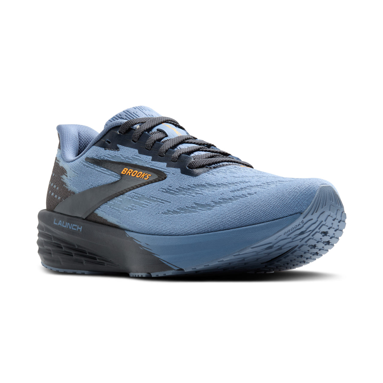 Blue running shoe with black sole and laces. 'BROOKS' in orange on the side, with 'LAUNCH' printed on the heel.
