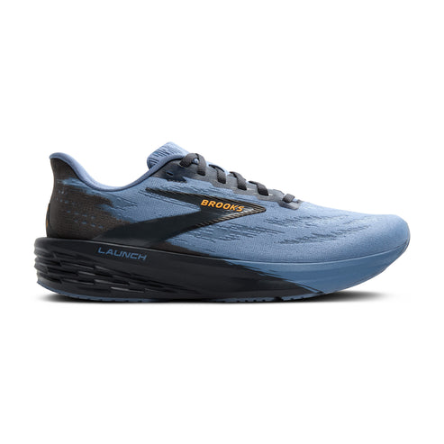 A blue running shoe with black sole and "LAUNCH" label.