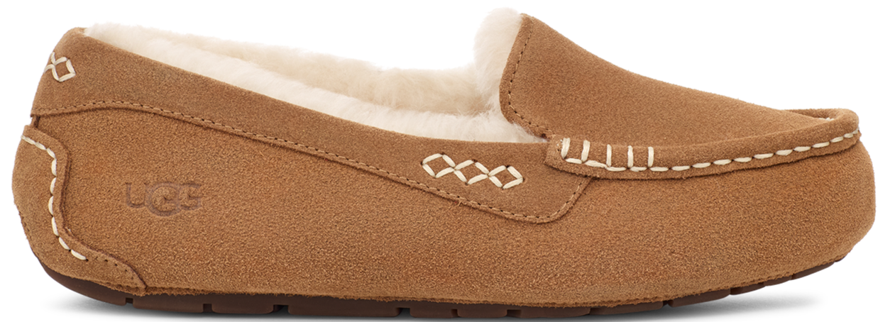 Brown suede moccasin slipper with white stitching and a faux fur lining.