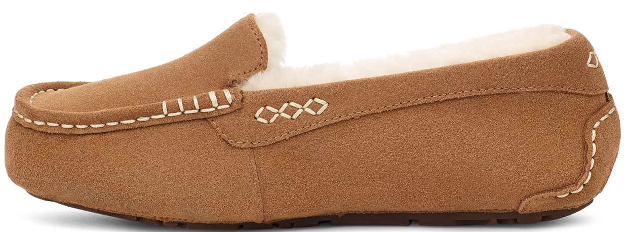 Tan moccasin slipper with white stitching.