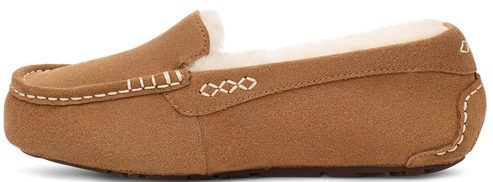 Tan moccasin slipper with white stitching.