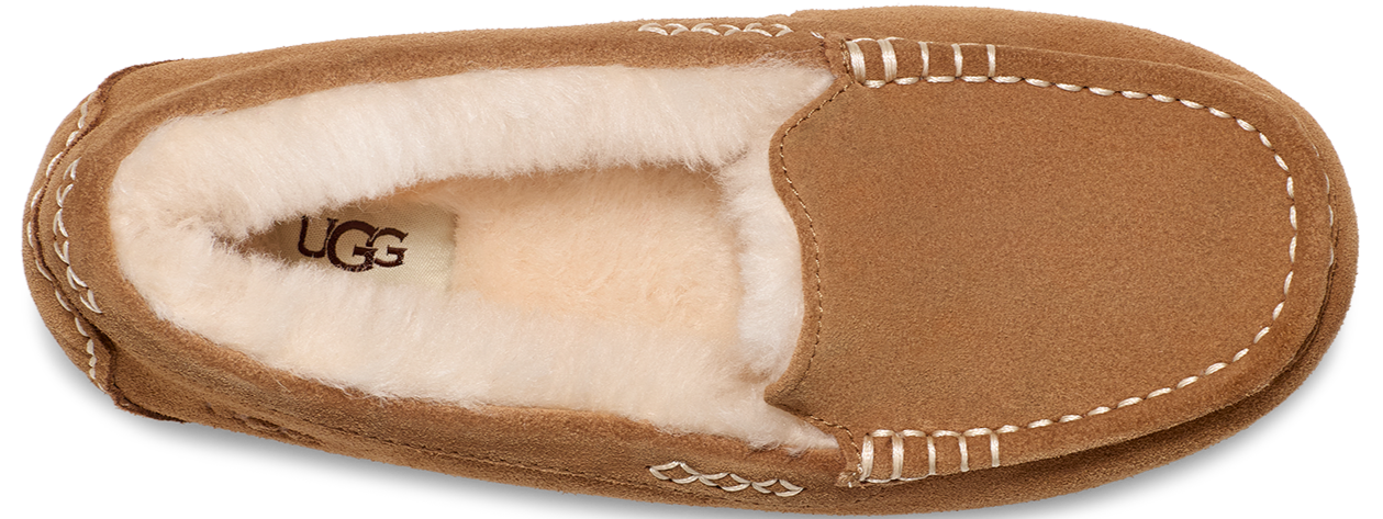 An UGG brown moccasin slipper, top view.