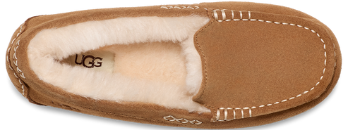 An UGG brown moccasin slipper, top view.