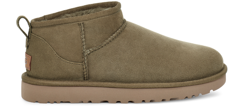 Ankle-high light brown UGG boot with a small loop pull-tab on the heel.