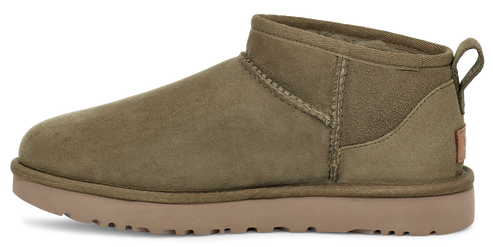 Olive-colored UGG ankle boot with tan sole and loop at the heel.