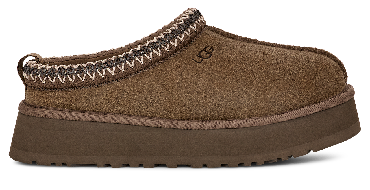 Brown suede slip-on clog with a thick platform sole and zigzag trim around the opening.