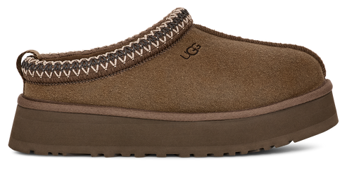 Brown suede slip-on clog with a thick platform sole and zigzag trim around the opening.