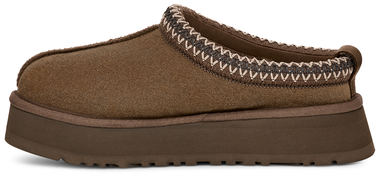 Side view of a brown suede clog with a thick lug sole and decorative white stitching around the topline.