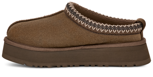 Side view of a brown suede clog with a thick lug sole and decorative white stitching around the topline.