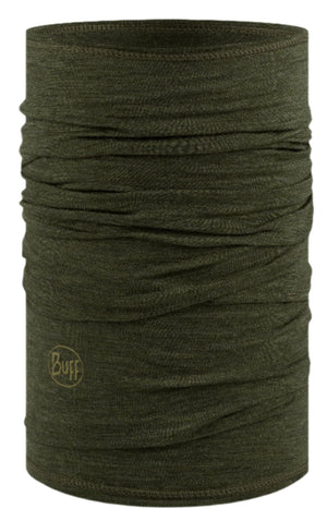 Olive green knitted neck warmer with a small round logo.